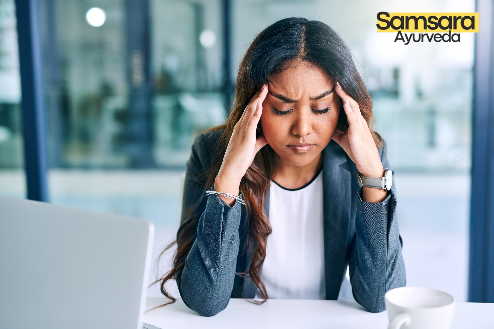 Serene Ayurvedic healing scene demonstrating stress management techniques with peaceful meditation and herbal remedies